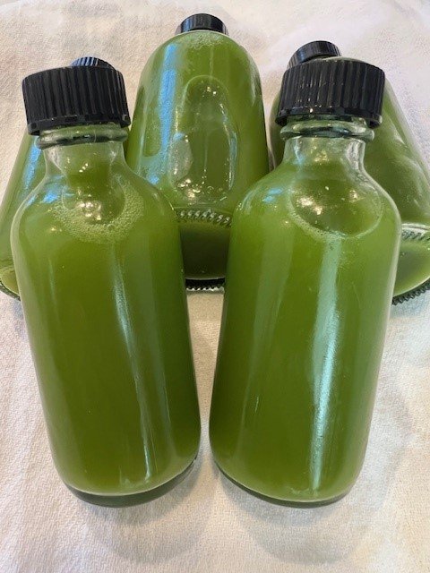 Picture of green juice wellness shots in small glass bottles.